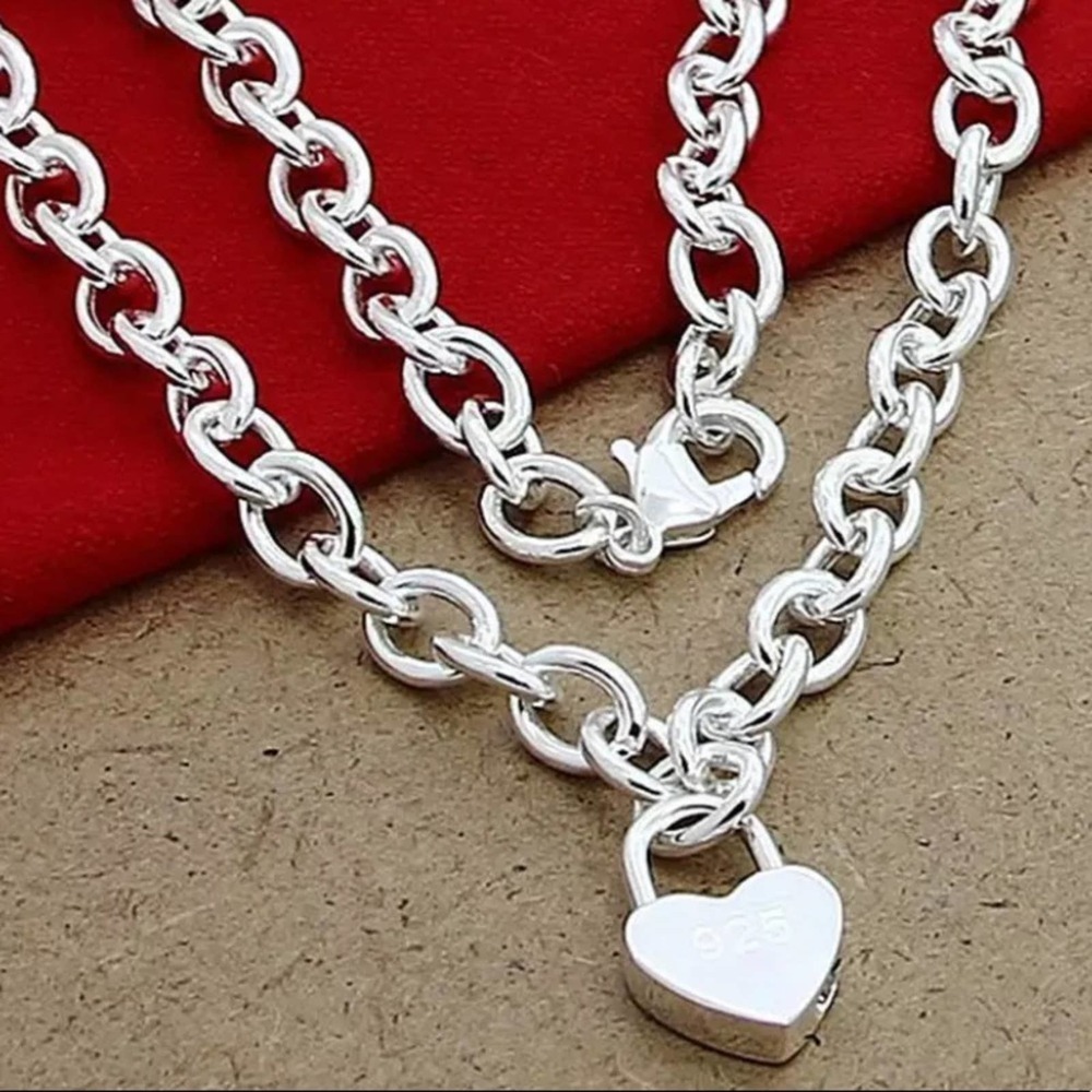 Sterling Silver Heart Lock Necklace, Chain Link